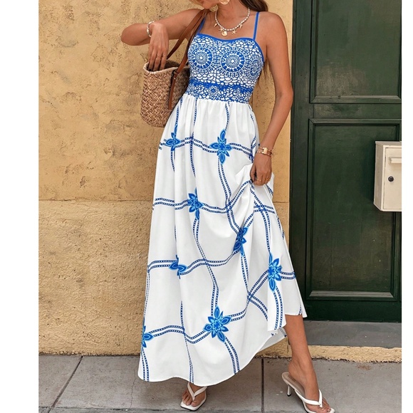 Boho Floral Print Shirred High Waisted Cami Maxi Dress - Picture 1 of 7